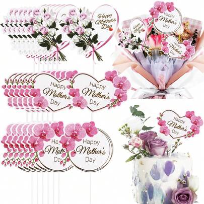 12个装母亲节快乐蛋糕装饰插牌，心形、粉色花朵和玫瑰图案，最佳妈妈蛋糕装饰纸杯蛋糕插牌，爱心图案，表达对母亲的爱，最佳妈妈纸杯蛋糕插牌，适用于母亲节主题女性生日派对蛋糕装饰