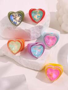 彩色心形水晶树脂戒指，夸张大号糖果色树脂戒指，时尚个性春季派对饰品，千禧年风格配饰 - 彩色 - 查看 5