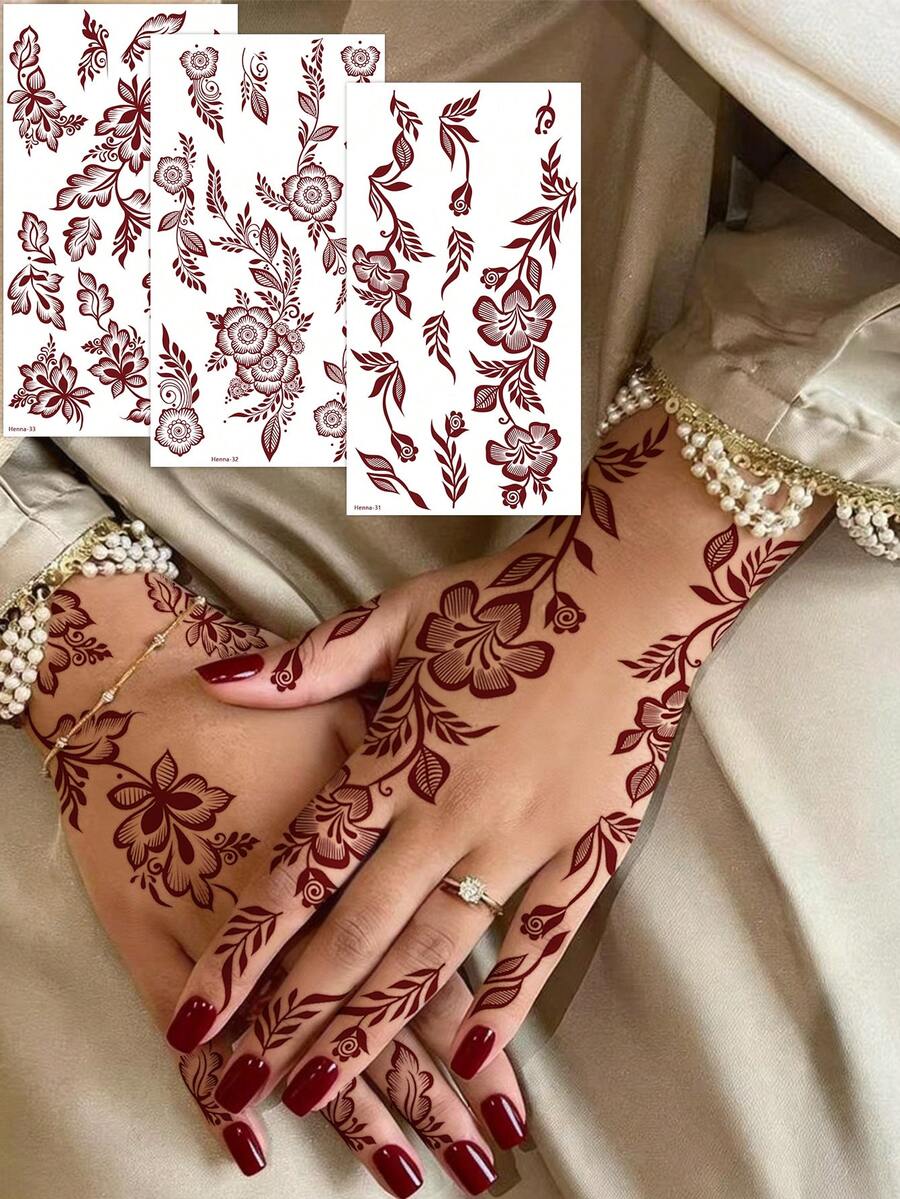 3pcs Moon & Flower Pattern Burgundy Temporary Tattoo Stickers - Manhaiti Design Body Art Tattoos, Suitable For Parties And Festivals