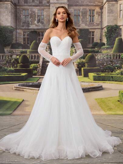 HEARBOBO 优雅正式心形领晚礼服婚纱，带拖尾，适合毕业典礼、宴会等场合