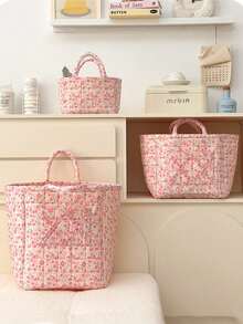 Pink Multi-Size Storage Basket Storage Basket, Desktop Sundries Storage Basket, Quilted Floral Storage Basket Laundry Basket Floral Clothing Storage Basket Large Capacity Laundry Basket Storage Bag Foldable Snack Basket With Handle Skincare Tool Storage Basket Toy Storage Basket Empty Basket Storage Bag - Pink - View 1