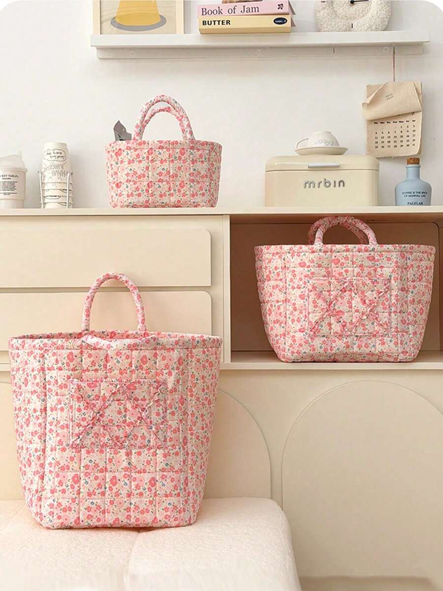 Pink Multi-Size Storage Basket Storage Basket, Desktop Sundries Storage Basket, Quilted Floral Storage Basket Laundry Basket Floral Clothing Storage Basket Large Capacity Laundry Basket Storage Bag Foldable Snack Basket With Handle Skincare Tool Storage Basket Toy Storage Basket Empty Basket Storage Bag - Pink - View 1
