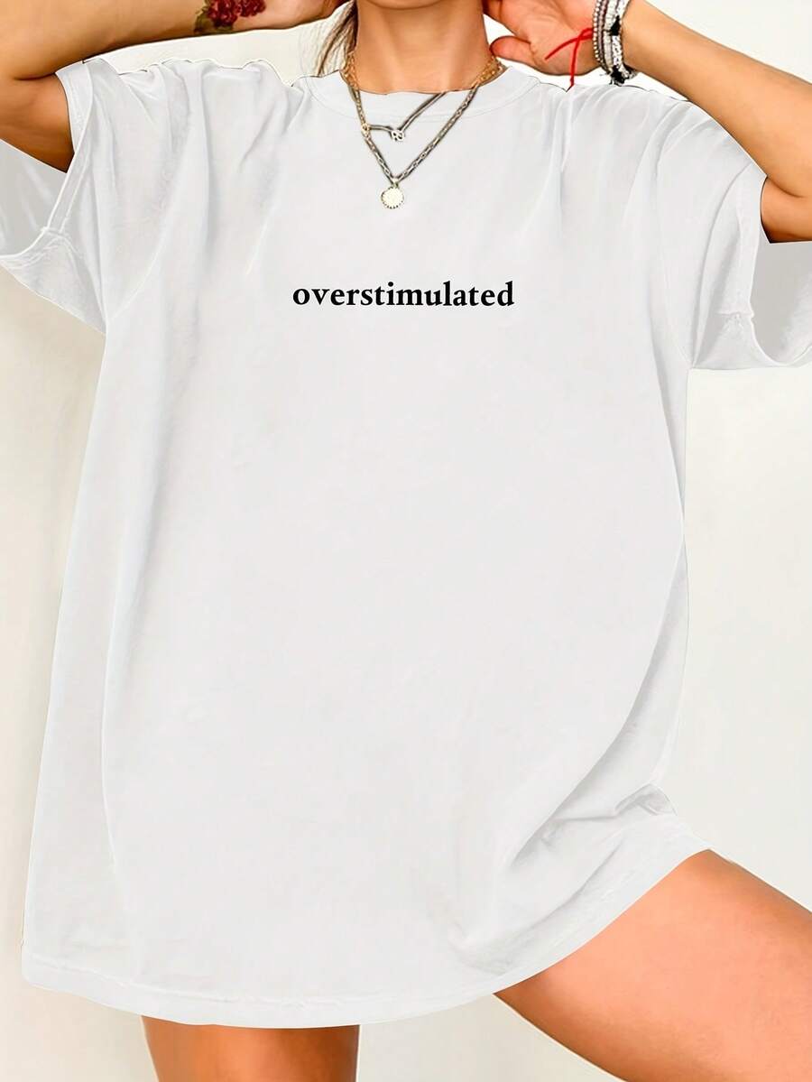 Camiseta Vintage con Estampado de Letras, Manga Corta, Cuello Redondo, Estilo Casual, Adecuada para Verano y Primavera, Ropa de Mujer 2KAG - Blanco - Ver 1