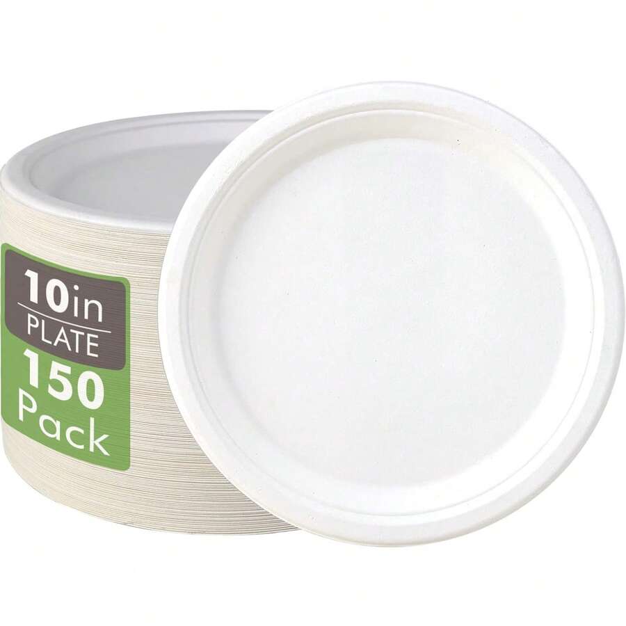 Bộ 1/50/100/150/200 đĩa giấy tròn phân hủy sinh học (26cm, màu trắng) - Đĩa chất lượng cao làm từ sợi mía, thích hợp cho bữa ăn hàng ngày, nhà hàng, họp mặt gia đình, xe bán thức ăn, sự kiện đặc biệt, dịch vụ ăn uống, đám cưới, tiệc tùng - Chống thấm nước, chống dầu mỡ, dùng được trong lò vi sóng, bền chắc, chống cắt. - trắng - Xem 1