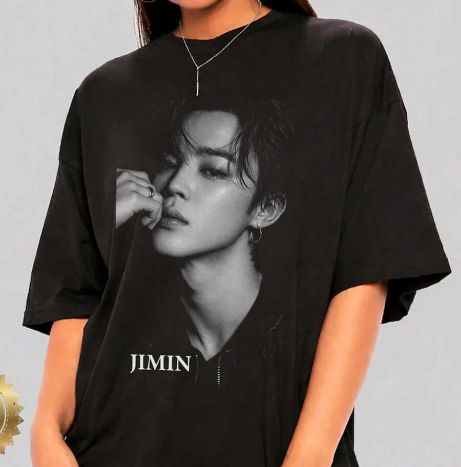 Jimin Shirt,Idol Graphic,Korean Pop Aesthetic Streetwear, Jimin Shirt, Jersey Jimin For Fans,Black And White Shirt,Jimin T Shirt - 黑色 - 查看 1