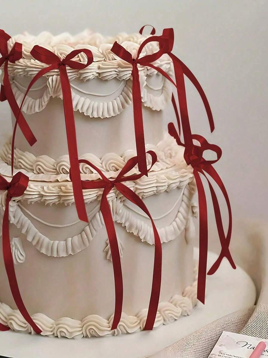 20pcs/10pcs Vintage Ribbon Bow Cake Decorations, Valentine's Day Cake Decor, Party Decorations, Bow Cake Decor Accessories, Ribbon Cake Decorating Supplies, Wedding Anniversary Birthday Cake Decor - Multicolor - View 1