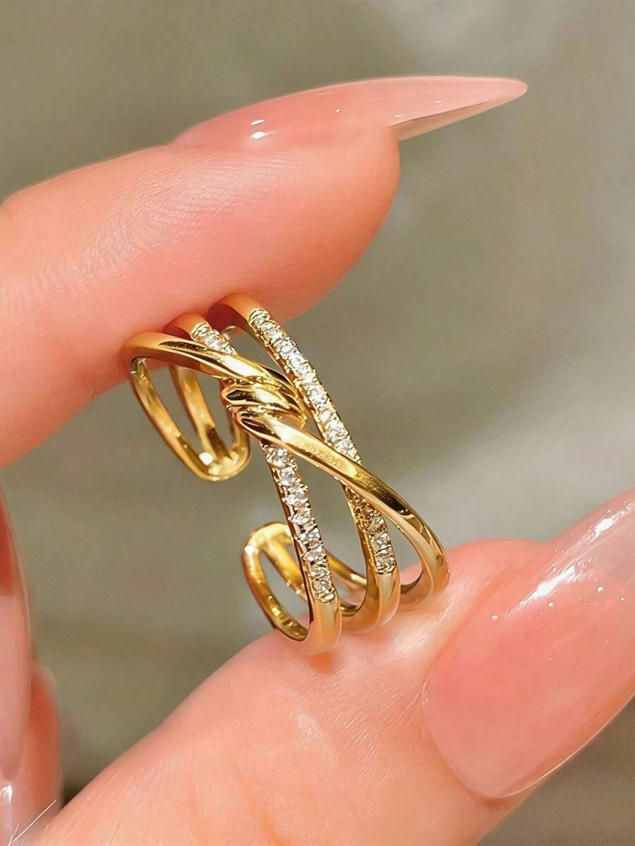 1枚不锈钢双层弧形几何开口戒指，独特设计，优雅百搭，女士戒指 - 金色雙層曲線戒指 - 查看 1