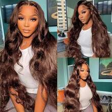 Chocolate Brown 13x4 Lace Front Wigs Human Hair 34 Inch Body Wave Brown Colored Human Hair Wig HD Lace Frontal Glueless Colored Wigs Human Hair Pre Plucked Bleached Knots With Baby Hair For Women - S4 - 查看 6
