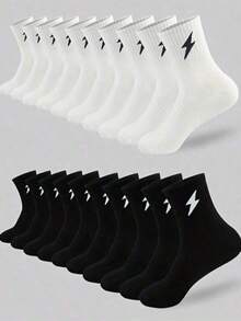 情人节礼物：个性化街头风黑白闪电图案休闲袜，简约时尚，百搭舒适，商务休闲长袜，适合运动，秋冬季保暖，中筒情侣袜。 - 黑與白 - 查看 3