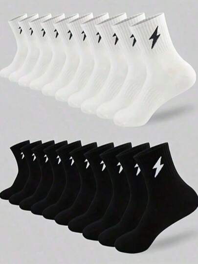 情人节礼物：个性化街头风黑白闪电图案休闲袜，简约时尚，百搭舒适，商务休闲长袜，适合运动，秋冬季保暖，中筒情侣袜。