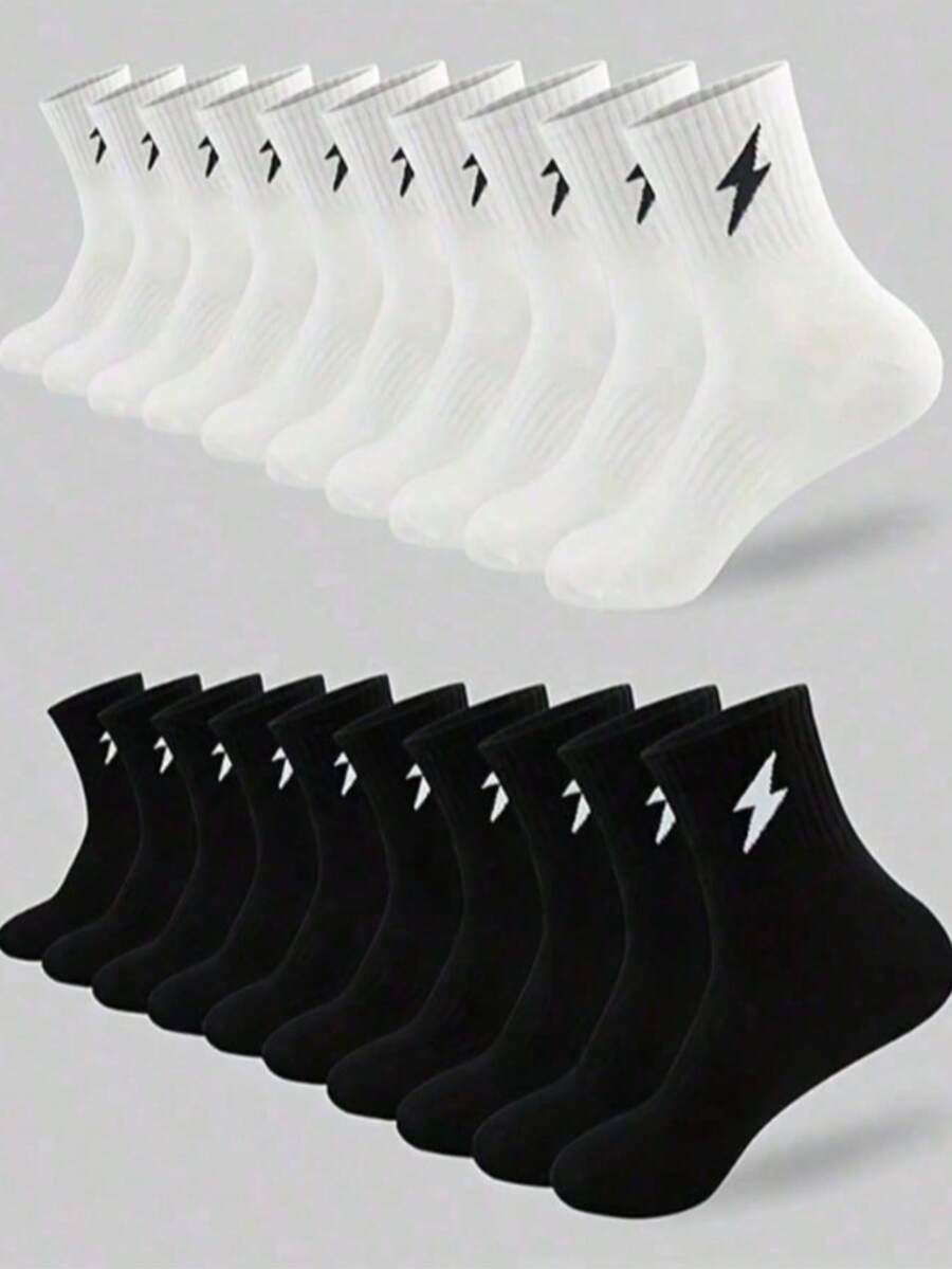 情人节礼物：个性化街头风黑白闪电图案休闲袜，简约时尚，百搭舒适，商务休闲长袜，适合运动，秋冬季保暖，中筒情侣袜。
