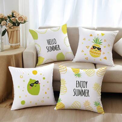 4 件装夏季清新柠檬菠萝图案抱枕套，单面印花，柔软桃皮绒面料，45*45 厘米，适用于家居卧室客厅派对节日装饰，沙发装饰抱枕套，不含枕芯