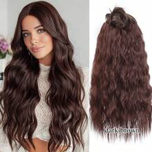 1片棕黑色无缝夹式长卷发接发片，16/20/24英寸合成发片，带BB夹，自然波浪卷，适合女性和女孩日常佩戴及派对场合 - 彩色 - 查看 17