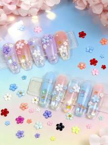 12 colores Encantos de uñas de flor 3D acrílicos de tamaño mixto de 3 mm y 6 mm con cuentas doradas y plateadas, decoración de arte de uñas floral linda, viral INS Y2K, manualidades de manicura - Multicolor - Ver 3