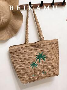 BEIKAMU New Woven Coconut Tree Tote Bag, Large Capacity Handbag Shoulder Bag, Casual Vacation & Commute Style For Women - Khaki - View 5
