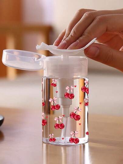 Cherry Pattern Refillable PET Portable Travel Bottle, Makeup Remover Decanting Bottle, With 3.38oz/6.76oz Portable Pump Head, Suitable For Nail Polish Remover, Toner And Makeup Remover, Dome Design, Hand Wash, Reusable, Makeup Remover Bottle