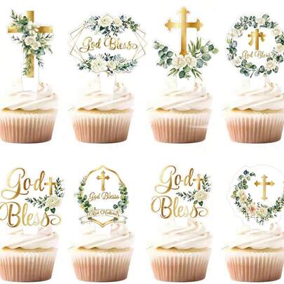 28pcs/Set,Greenery Baptism Cupcake Toppers Floral Leaves God Bless Cross Cupcake Picks, First Holy Communion Cake Decorations,Cross White Wreath Cupcake Insert For Christian Baptism, Newborn Baptism Initial Communion Party Cake Decorative Supplies