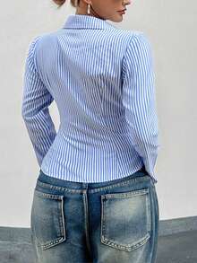 Áo sơ mi dài tay cổ bẻ kẻ sọc xanh dương phong cách Y2K nữ tính, kiểu dáng preppy, thích hợp mặc đi dạo phố, đi làm, đi học và đi làm. - Màu xanh lam - Xem 2