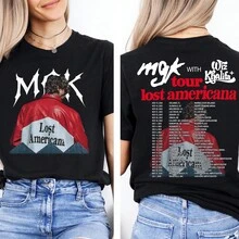Camiseta vintage da turnê do MGK, camiseta com estampa Lost Americana 2026, estilo streetwear rock/rap, camiseta oversized confortável, ótima ideia de presente para fãs do MGK. - Preto - Ver 1