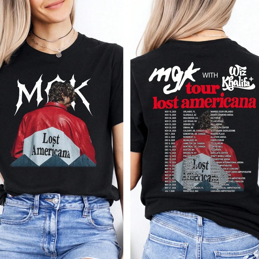 Camiseta vintage da turnê do MGK, camiseta com estampa Lost Americana 2026, estilo streetwear rock/rap, camiseta oversized confortável, ótima ideia de presente para fãs do MGK. - Preto - Ver 1