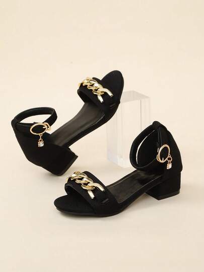 1 Pair Black Velvet Leather Girls' High Heel Shoes With Shiny Gold Chain Decor, Classic Round Toe 3CM Chunky Heel Non-Slip Sole, Fashion Luxury Platform Sandals Suitable For 3-15 Years Old Female Students Daily, Casual, Travel, Street, Campus Wear, Spring/Summer New Arrival