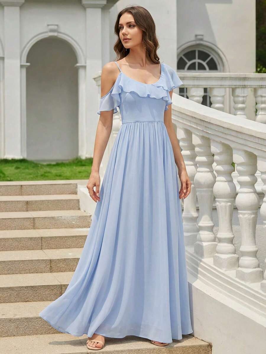 EVERPRETTY 夏季简约V领不规则荷叶边浅蓝色伴娘礼服，适合婚礼春季 - 淺藍色 - 查看 1