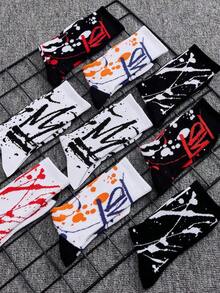 4 Pairs Of Men's Colorful Stylish Street Style Doodle Crew Socks, Random Colors, Fall - 多色 2 - 查看 5