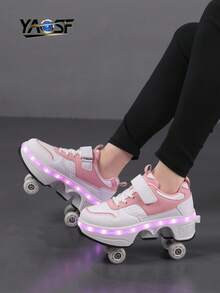 Upgraded High-End Kids Roller Skates LED Flashing Walk-And-Glide Shoes, Children & Teen Sports Shoes, Fashion Light-Up Walking Shoes, Outdoor Sports Roller Shoes, Cool Flashing Inline Skates For Boys & Girls, Lightweight Comfortable Sports Shoes, Kids Birthday Gift, Anti-Roll Reinforced Sole + Stable Support, Glowing Shoes For Safer Gliding, Breathable Comfortable Upper, Lightweight Durable, Street Style, More Visible & At Night, Peace Of Mind For Parents, Suitable For School, Outdoor & Daily Wear - Pink - View 6