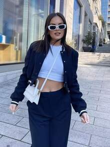 女士藏蓝色宽松飞行员夹克 - 春季立领长袖前开襟纽扣街头时尚外套，带口袋 - 寶藍色 - 查看 9