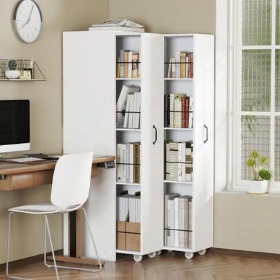 Expandable Bookshelf With Wheels – 4 Shelves, Interchangeable Left And Right, MDF, 20 Kg Load Capacity Per Shelf, Can Be Used As A Shelf In Bathroom, Kitchen Or Living Room, White