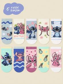 Disney 1/5/10 Pairs Socks For Kids, Spring & Summer, Playful & Cute Cartoon Ice Cream Stitch/Angel Pattern Decor, Minimalist Fashion Casual Short Socks, Skin-Friendly Soft Comfortable Breathable Sports Socks, Suitable For Daily Wear, Holiday Gifts, Traveling, Back To School, Random Color & Style - Multicolor - View 10