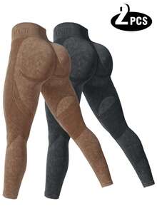 2 Pack  Women'S High Waisted Yoga Pants - Seamless Compression Leggings, Chest Letter Design, 4-Way Stretch Fabric, Tummy Control,Sexy Butt Lifting, Activewear For Running, Cycling & Gym Workouts,  Sports And Casual Wear, Fashionable Letter Details - 2 miếng đen + nâu - Xem 1