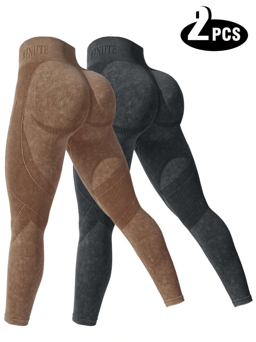 2 Pack Women'S High Waisted Yoga Pants - Seamless Compression Leggings, Chest Letter Design, 4-Way Stretch Fabric, Tummy Control,Sexy Butt Lifting, Activewear For Running, Cycling & Gym Workouts, Sports And Casual Wear, Fashionable Letter Details - 2 miếng đen + nâu - Xem 1