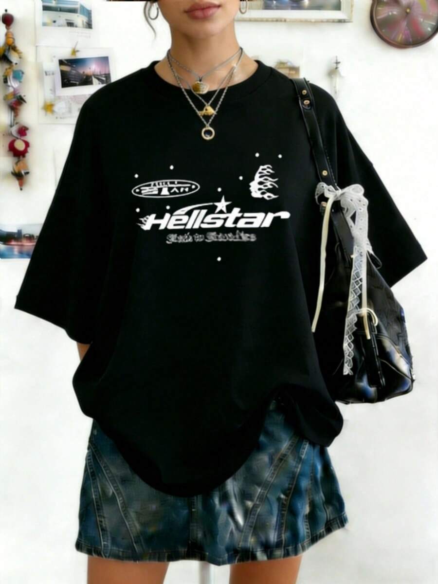 Hellstars Star Y2K Graphic T-Shirt,220g 100% Cotton,Round Neck Short Sleeve,Black Streetwear Essential For Summer Going Out,Unisex Style - màu đen - Xem 1