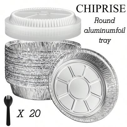 CHIPRISE 40-Piece Pack (20 Plates + 20 Lids) 9-Inch Round Aluminum Foil Baking Pans With Clear Lids And Spoons - Suitable For Baking, Cooking, Storing, And Roasting; Also Suitable For Various Holidays Such As Christmas And Thanksgiving.