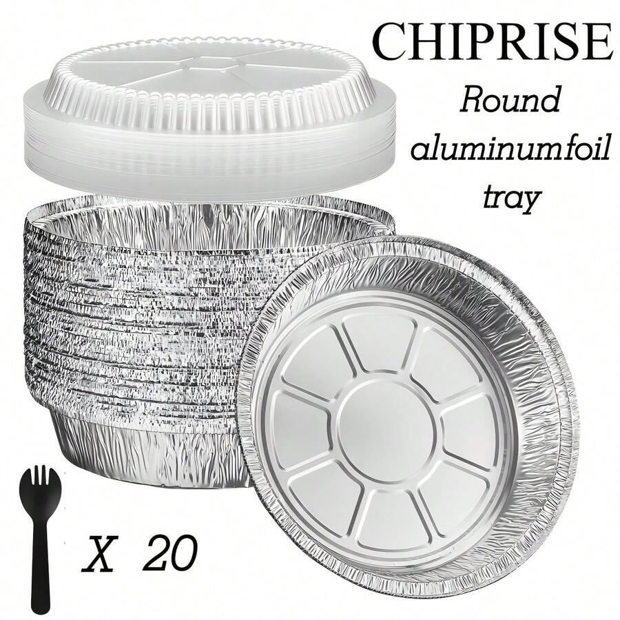 CHIPRISE 40-Piece Pack (20 Plates + 20 Lids) 9-Inch Round Aluminum Foil Baking Pans With Clear Lids And Spoons - Suitable For Baking, Cooking, Storing, And Roasting; Also Suitable For Various Holidays Such As Christmas And Thanksgiving.
