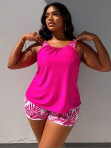 Plus Size, Fuchsia, Round Neck, Two-Piece Swimsuits For Woman Set, For The Beach. - Hot Pink - View 4