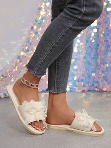 Elegant Home Fashion Fabric Pearl Slippers, Spring/Autumn New Design Ladies House Slippers - Beige - View 5