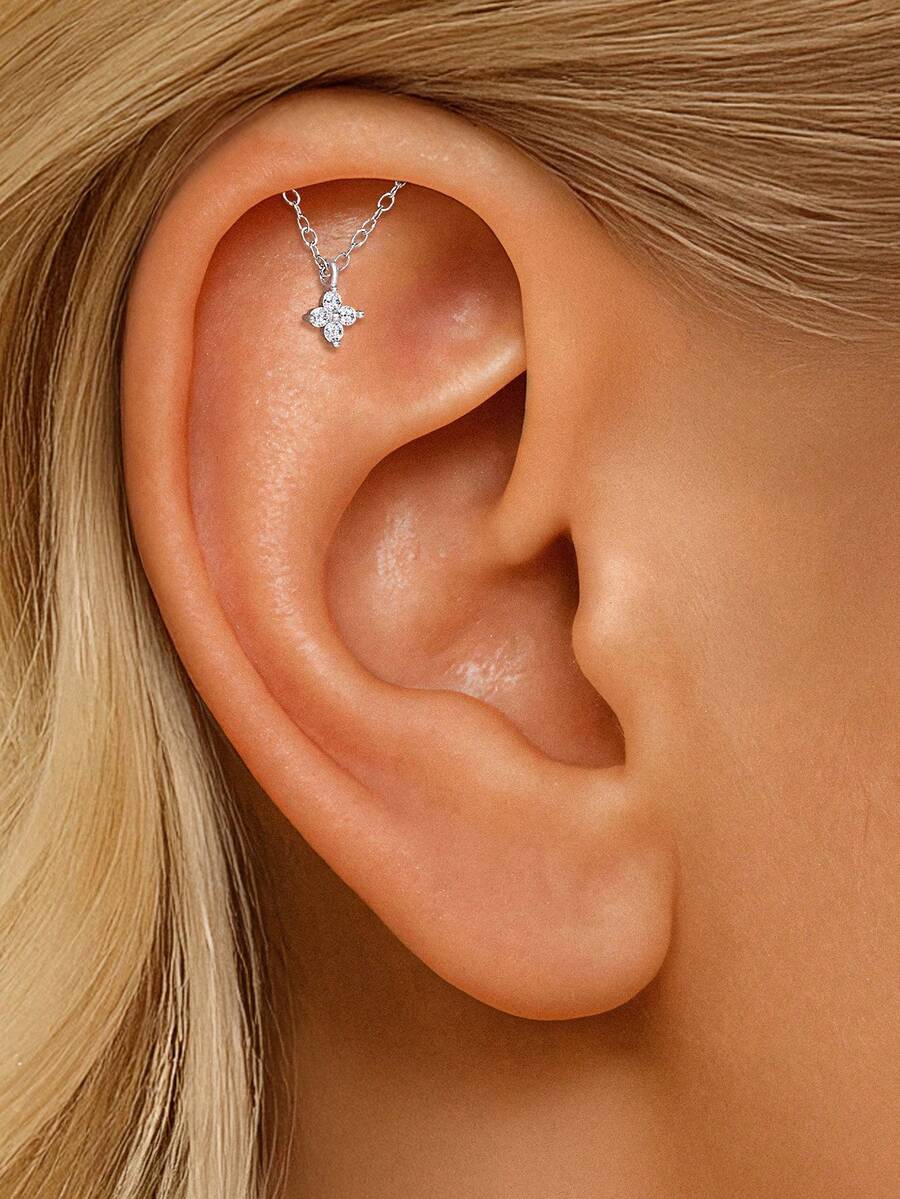 1PC Moissanite 925 Sterling Silver Clover Shape Ear Cuff With Chain Dangle, Minimalist Dainty Prong Setting Hypoallergenic Cartilage Tragus Piercing Jewelry Gift For Women Daily Wear Wedding Season - Silver - View 1
