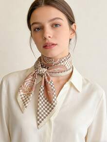 1条90x90厘米方形丝巾，女士斜纹真丝千鸟格玫瑰花卉图案，可作领巾、头巾或披肩使用。 - 彩色 - 查看 6