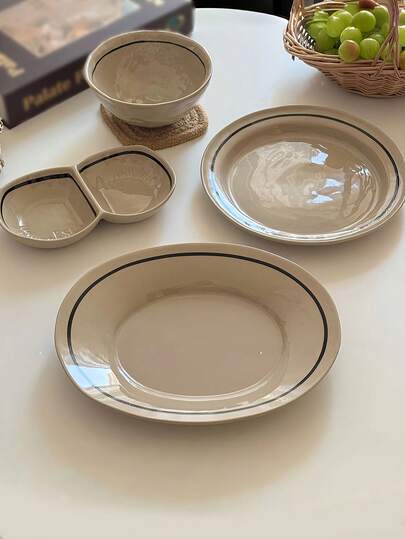 1件日式复古极简手绘黑线陶瓷饭碗、酱汁碟、椭圆形盘子，复古风格餐具