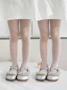 1/2pcs Girls White Mesh Socks, Luxury Rhinestone Decor, Fashion Personalized Thin Breathable Anti-Snag Stockings, Sweet Comfortable Durable Shiny Dance Socks, Suitable For Dance Performance/Birthday Party/School Activities/Daily Skirt Matching, Spring/Summer - White - View 5