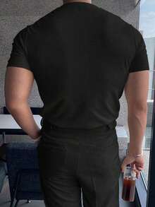 Men's Casual Collegiate Commuter Style Solid Color Minimalist Knit Short Sleeve Pullover Sweater, Plus Size, Spring/Summer - Black - View 3