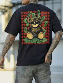 FRACTYR Men's Casual Street Fashion Loose Fit Round Neck Graphic Tee, Summer - Black - View 3