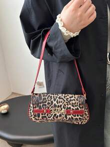 This New Shoulder Bag Features A Simple And Fashionable Design, Decorated With A Leopard Print Pattern And A Striking Color Contrast. It Has A Foldable Design, Allowing It To Be Used As Both A Clutch And A Shoulder Bag. It Is Perfect For Daily Outings, Shopping, Office, Parties, Vacations, And Short Trips. The Color Is Burgundy, Making It Very Versatile. - Red - View 2