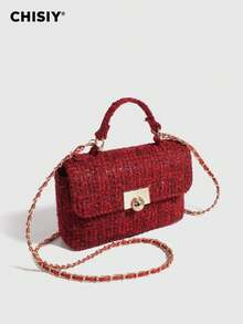 Retro And Elegant Tweed Handbag, Generous And Simple Shoulder Bag, Customized Gold Ball Buckle Crossbody Bag, Suitable For Business Casual, Shopping And School, Front Twist Lock Handbag, With Shoulder Strap, Shoulder Bag, Crossbody Bag Is Very Suitable For Daily Life, Party And Travel, Lightweight And Durable, Versatile Retro Charm, Suitable For Women Who Pursue Elegant Personality, Suitable For Any Occasion, Showing Unique Fashion Taste - 小香酒紅色 - 查看 5
