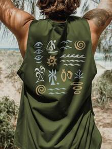 Men's Letter & Palm Tree Print Round Neck Casual Tank Top For Holiday - Army Green - View 2