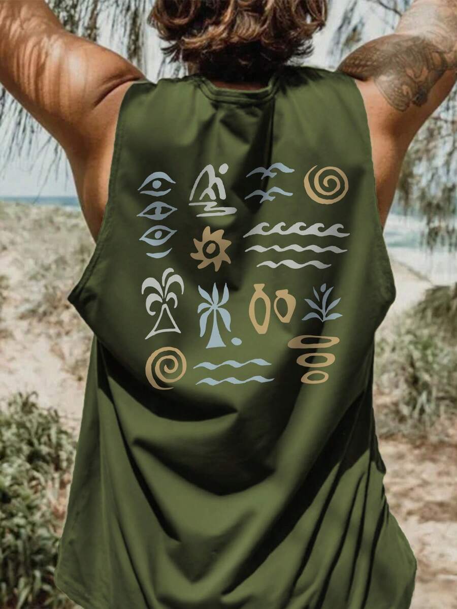 Men's Letter & Palm Tree Print Round Neck Casual Tank Top For Holiday
