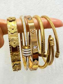 2026新款不锈钢闪亮四叶草水钻女士手链套装，时尚耐用防水防褪色，圣诞节/情人节送给母亲/女儿的礼物 - 金色4 - 查看 8