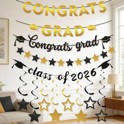 2sets/1set Black Gold Graduation Season Decoration Banner,For Graduation Theme Party DIY Hanging Banner Atmosphere Decoration